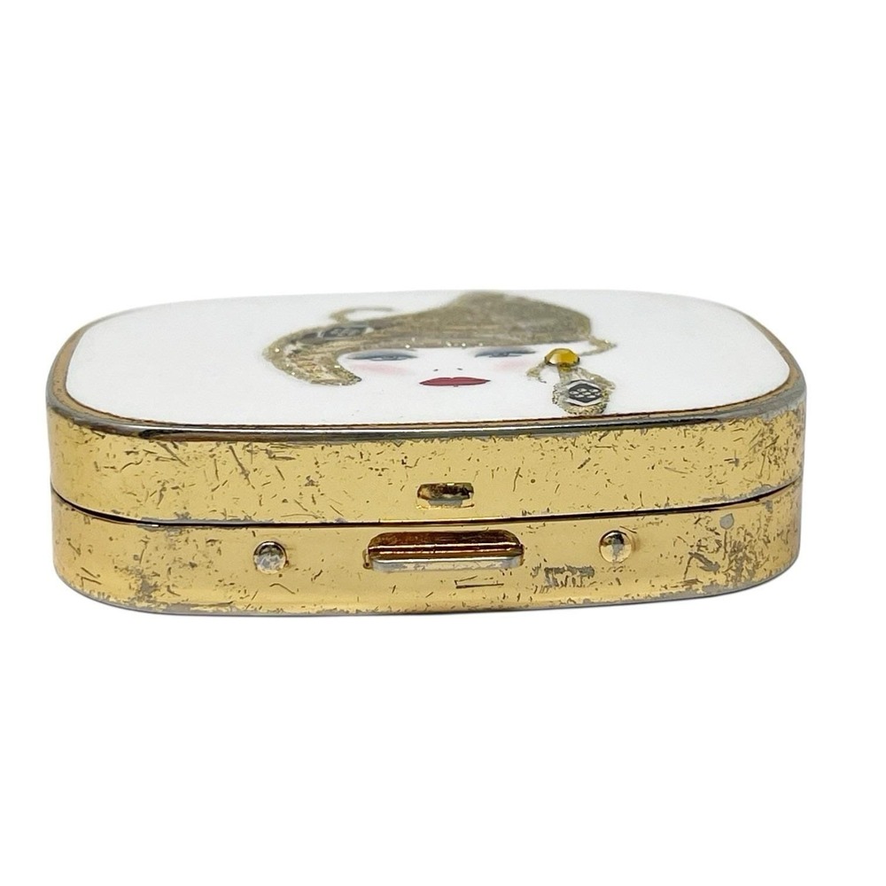 Vintage Embellished Woman Travel Pillbox 3 Compartments Gold Tone Easy Open - Picture 4 of 7